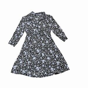 ZARA Black White Floral Midi Shirt Dress Small Button Front Tie Waist A-Line